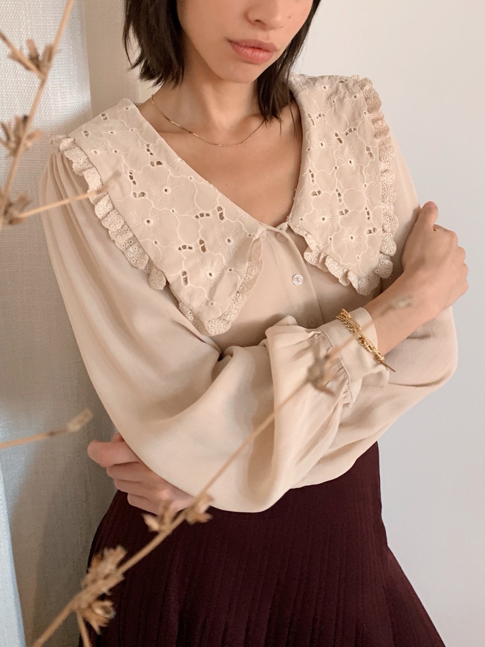Eyelet Collar Cream Women's Blouse size XS like new